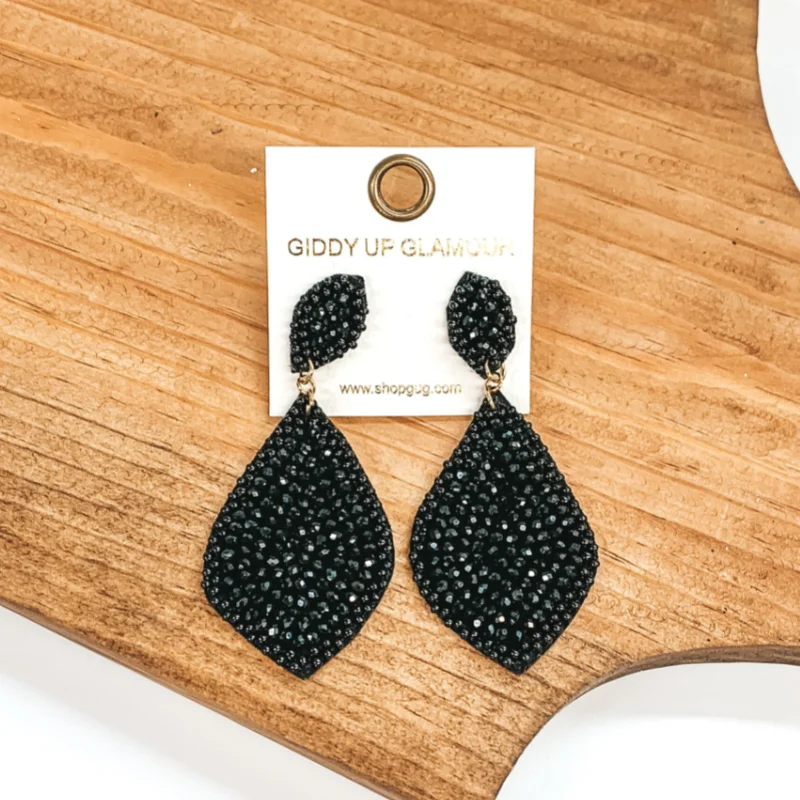 Gold Plated Earrings-Beaded Teardrop Earrings in Black