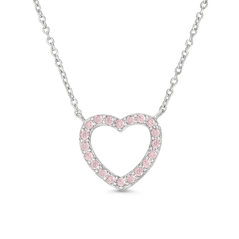 Modern Wedding Necklace-Pink CZ Open Heart Necklace in sterling Silver