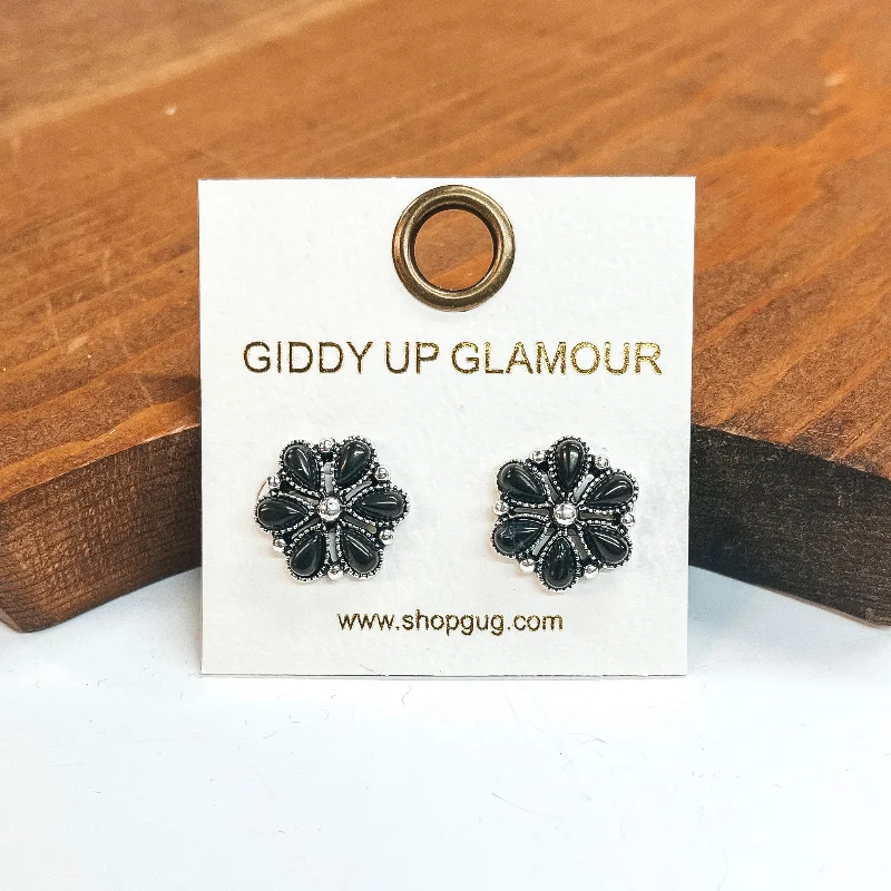 Heart Shaped Stud Earrings-Flower Post Earrings with Faux Black Stones in Silver Tone