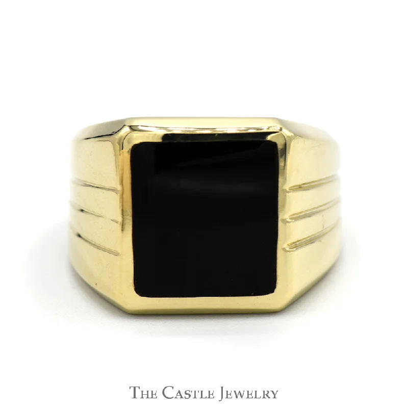 Unique Wedding Ring Set for Couples-Square Black Onyx Men's Ring with Grooved Sides in 10k Yellow Gold