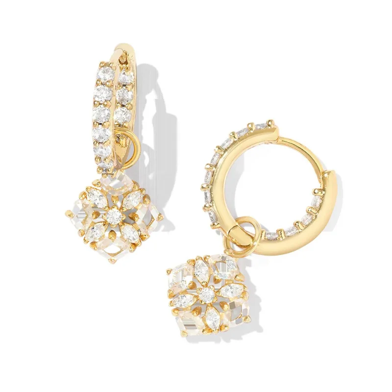 Designer Diamond Earrings-Kendra Scott | Dira Convertible Gold Crystal Huggie Earrings in White Crystal