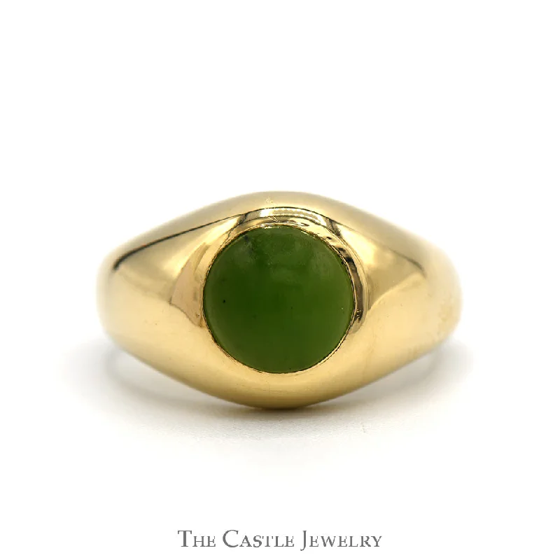 Large Engagement Ring-Round Green Jade Dome Men's Ring with Polished Sides in 14k Yellow Gold