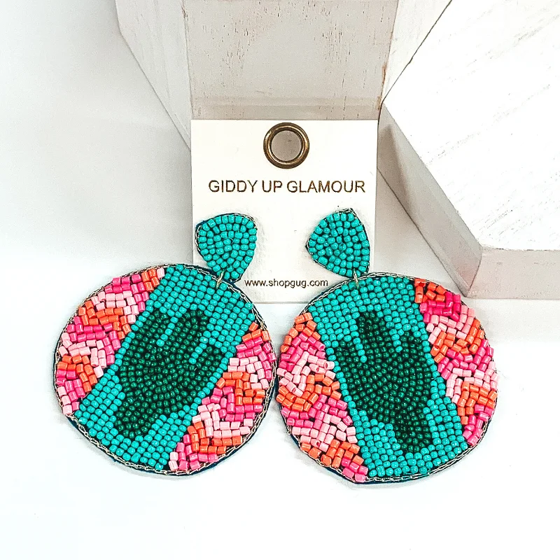 Classic Stud Earrings-Chevron and Cactus Beaded Circle Drop Earrings in Turquoise