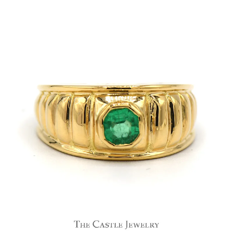 Customizable Birthstone Ring-Emerald Solitaire Ring with Grooved Ridged Sides in 18k Yellow Gold