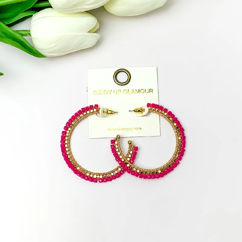 Simple Hoop Earrings for Brides-Gold Tone Beaded Hoop Earrings with a Hot Pink Crystal Outline