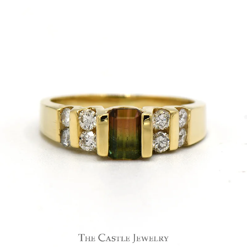 Men's Wedding Band-Emerald Cut Watermelon Tourmaline Ring With Channel-Set Diamonds .38 CTTW In 14KT Yellow Gold