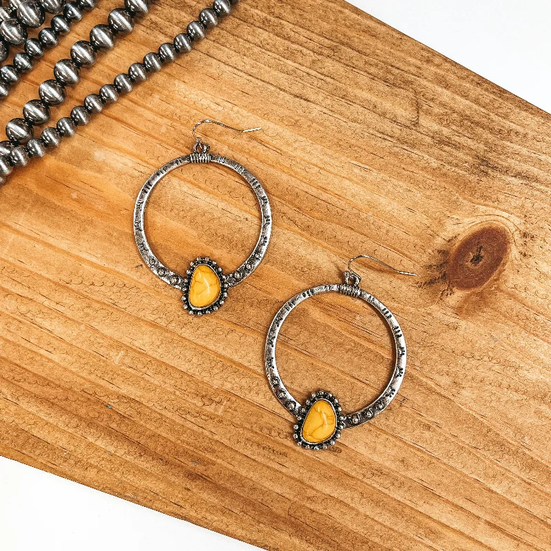 Fine Silver Earrings-Pretty Perspective Western Engraved Hoop Earrings with Faux Stone in Mustard Yellow