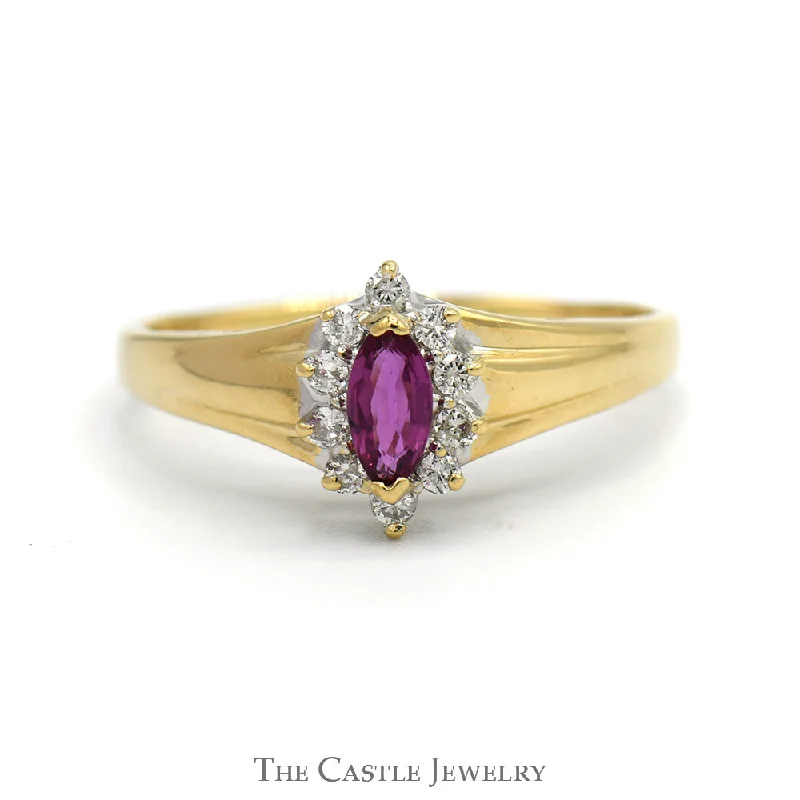 Wedding Ring for Bride-Marquise Cut Ruby Ring with Diamond Halo in 14k Yellow Gold