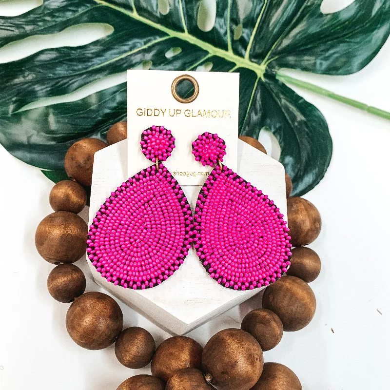 Dainty Gold Earrings-Crystal Beaded Circle Post Earrings with Large Teardrop Dangle in Fuchsia