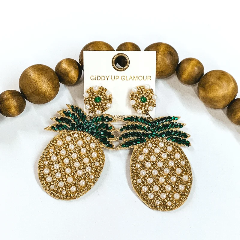 High-End Earrings for Weddings-Beaded Pineapple Earrings with Pearls in Gold and Green