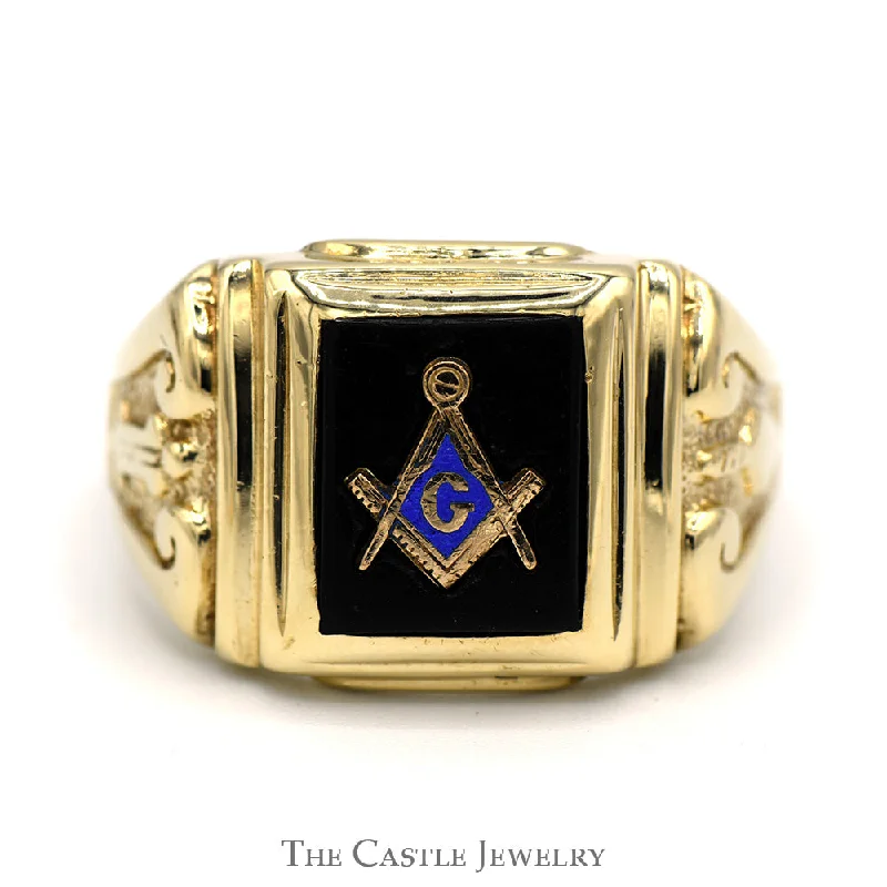 Personalized Diamond Engagement Ring-Black Onyx Square & Compass Masonic Ring with Blue Enamel in 10k Yellow Gold Square Shaped Mounting