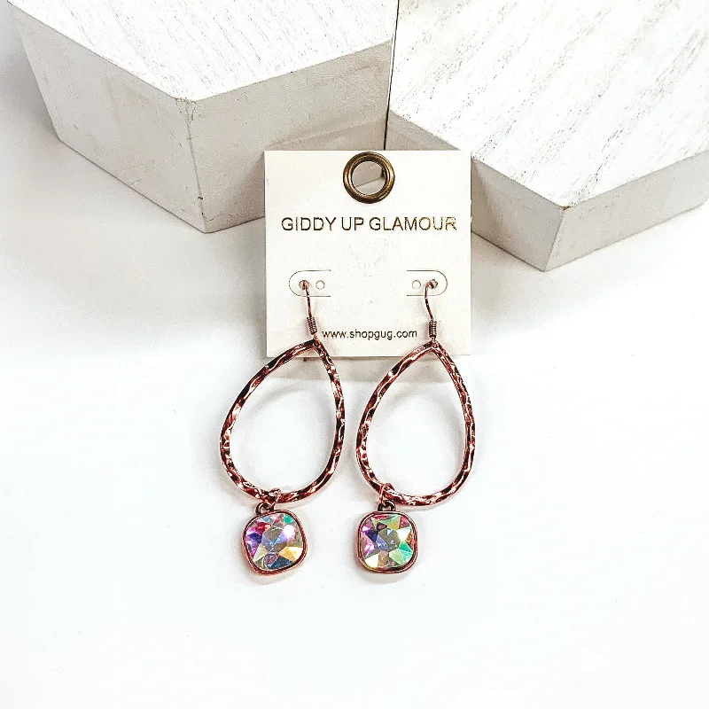 Chic Earrings for Women-Small Hammered Teardrop Earrings with AB Hanging Crystal in Copper Tone