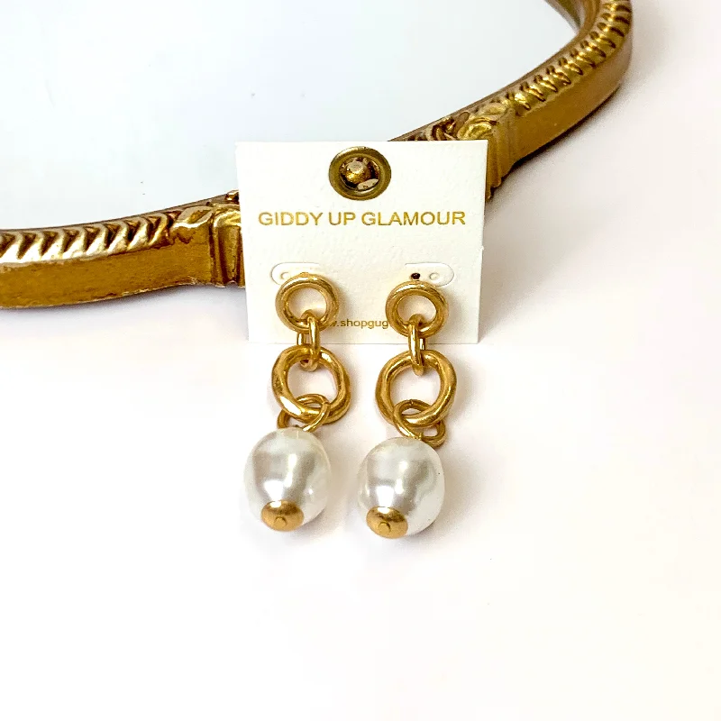 Elegant Gemstone Earrings-Gold Tone Chain Drop Earrings with Pearl Pendants