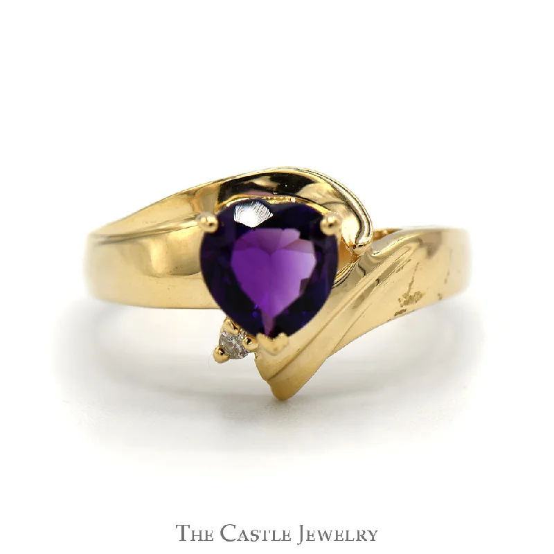 Simple Wedding Band for Men-Heart Shaped Amethyst Ring with Round Diamond Accent in 14k Yellow Gold