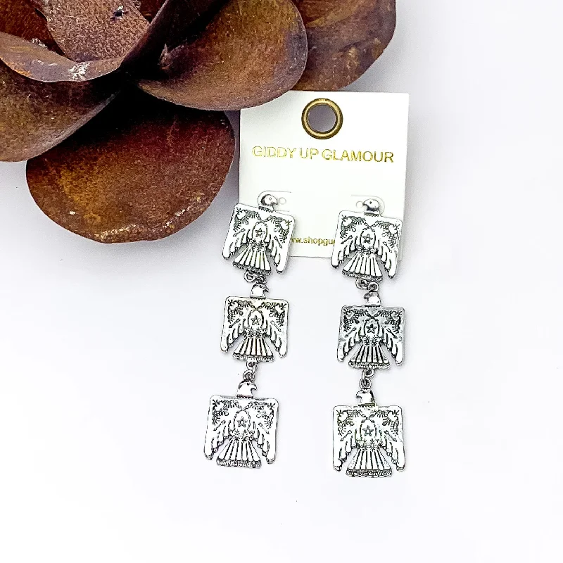 Antique Style Earrings-Silver Tone Free Bird Three Tiered Earrings