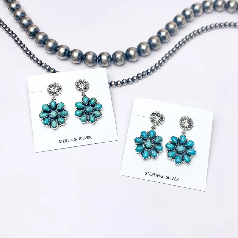 Silver Dangle Earrings-Hada Collection | Handmade Sterling Silver Circle Cluster Flower Stud Earrings with Kingman Turquoise Stones