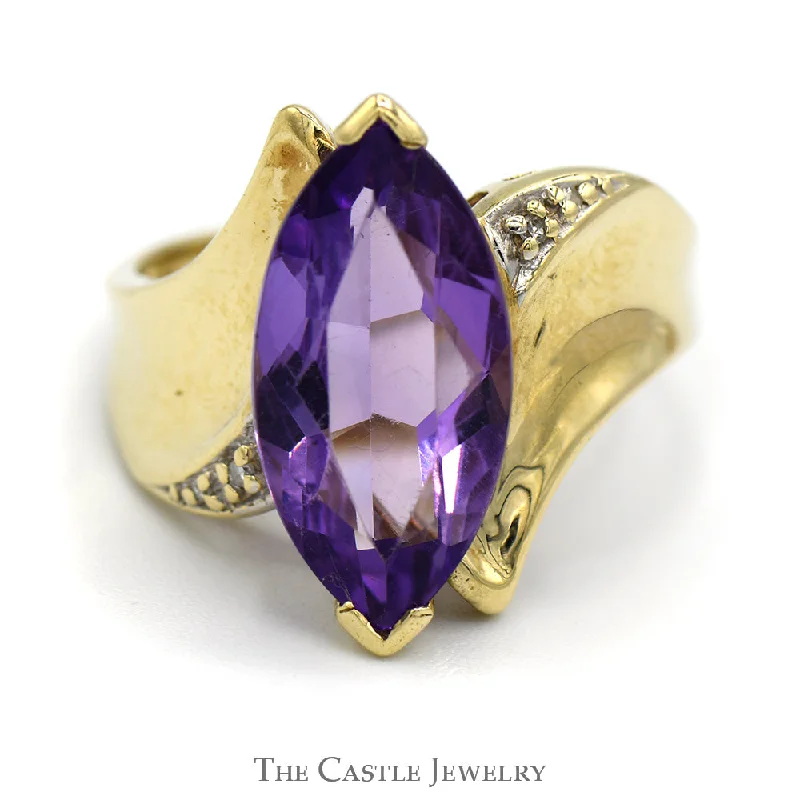 Custom Sterling Silver Ring-Marquise Shaped Amethyst Ring with Illusion Set Diamond Accents in 10k Yellow Gold