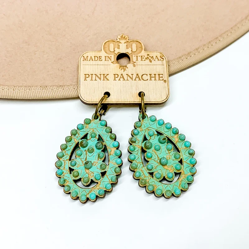 Unique Earrings for Bridesmaids-Pink Panache | Small Santa Fe Crackle Teardrop Earrings in Turquoise with Turquoise Bead Outline