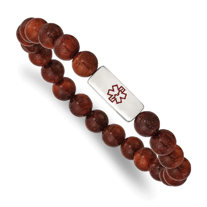 Custom Engraved Bracelet-Stainless Steel Polished with Enamel Medical ID Padauk Wood Bracelet