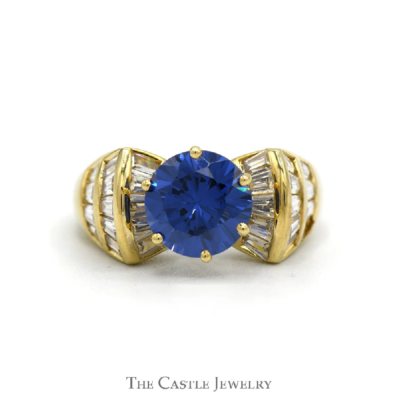 Custom Gold Ring-Round Synthetic Sapphire Ring with Channel Set Baguette Cut Cubic Zirconia Accents in 10k Yellow Gold