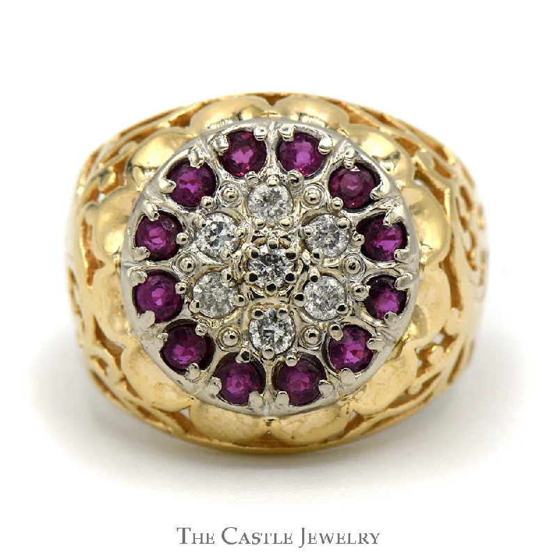 Vintage Engagement Ring Set-Ruby and Diamond Kentucky Cluster Ring with Open Filigree Sides in 10k Yellow Gold