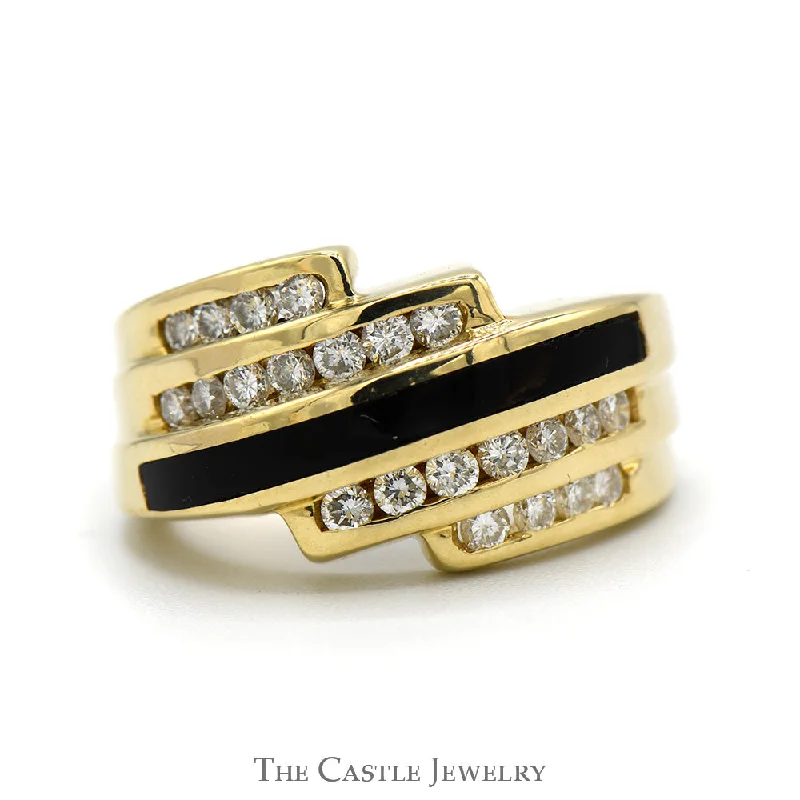 Gold Wedding Ring-Black Onyx Inlay and Channel Set Diamond Bypass Ring in 14k Yellow Gold