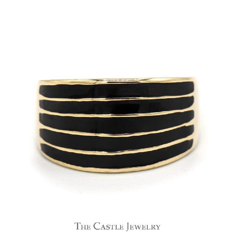 Vintage Engagement Ring-5 Row Black Enamel Striped Ring in 14k Yellow Gold Tapered Setting