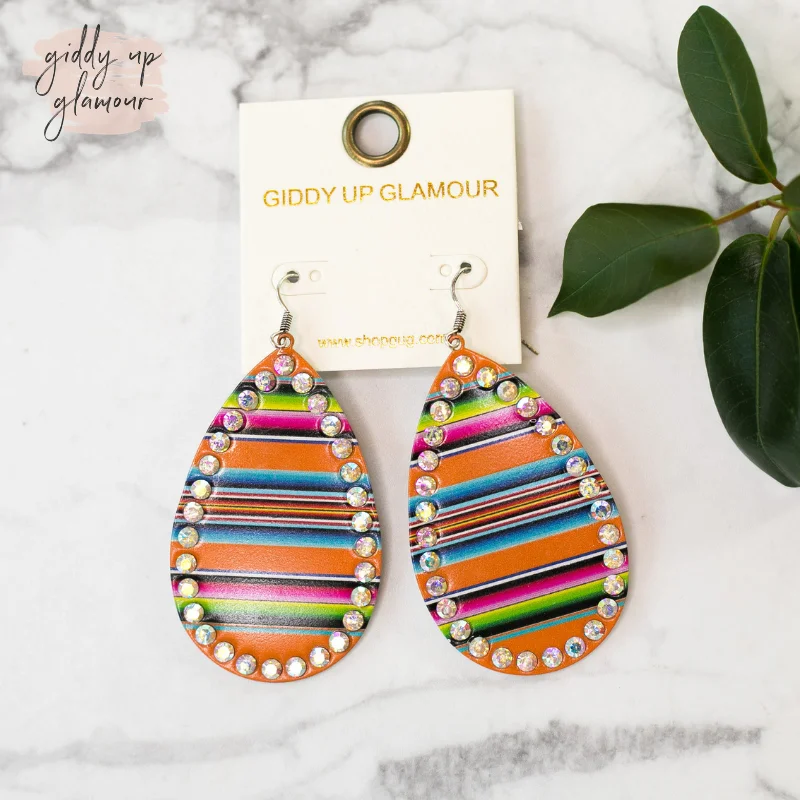 Fashionable Drop Earrings-Serape Teardrop Earrings with Crystal Trim in Orange