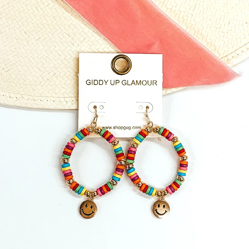 Unique Diamond Earrings-Beaded Teardrop Earrings with Gold Happy Face Charm in Gold/Multicolored