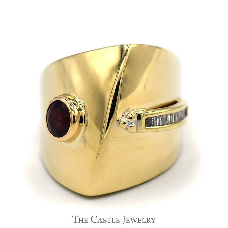 Elegant Platinum Wedding Band-Ruby Dome Ring with Baguette Diamond Accents in V Shaped 14k Yellow Gold Mounting