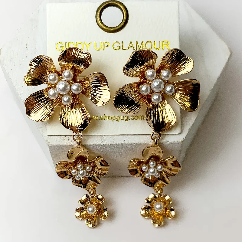 Handmade Dangle Earrings-Gold Tone Three Tiered Flower Earrings With a Pearl Center