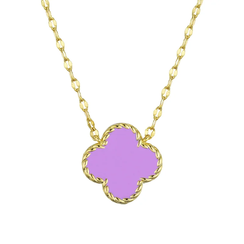 Silver Pendant Necklace with Diamonds-Four Leaf Clover Necklace - Purple