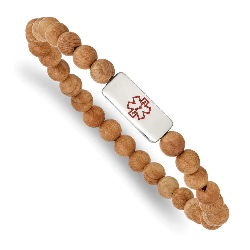 Modern Silver Bracelet-Stainless Steel Polished w/Enl Medical ID Taxus Chinensis Wood Bracelet