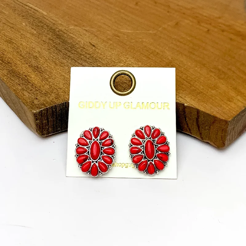 Rose Gold Earrings-Silver Tone Concho Cluster Oval Earrings in Red