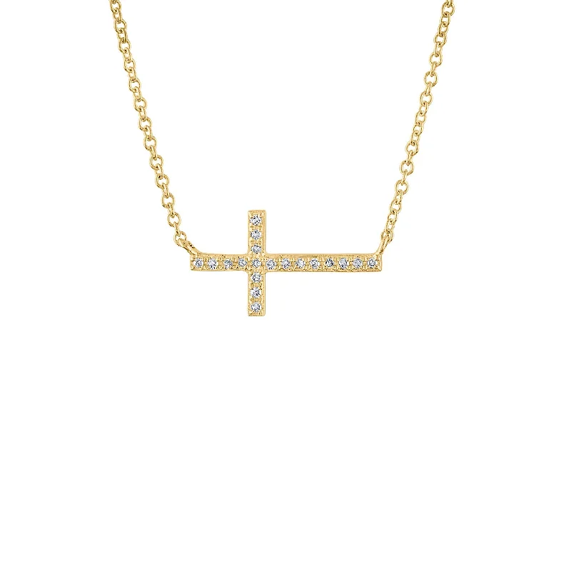 Personalized Pendant Necklace-14KT GOLD SIDEWAYS DIAMOND CROSS NECKLACE