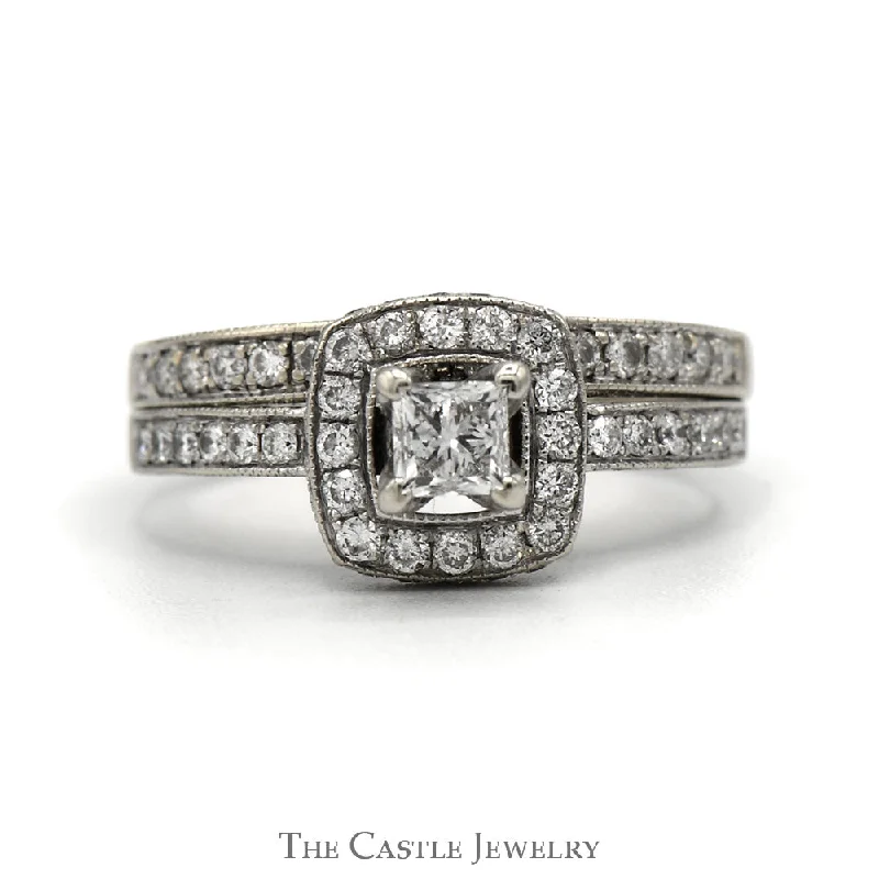 Simple Wedding Ring-1 CTTW Diamond Bridal Set With Halo And .25CT Princess Cut Center In 14KT White Gold