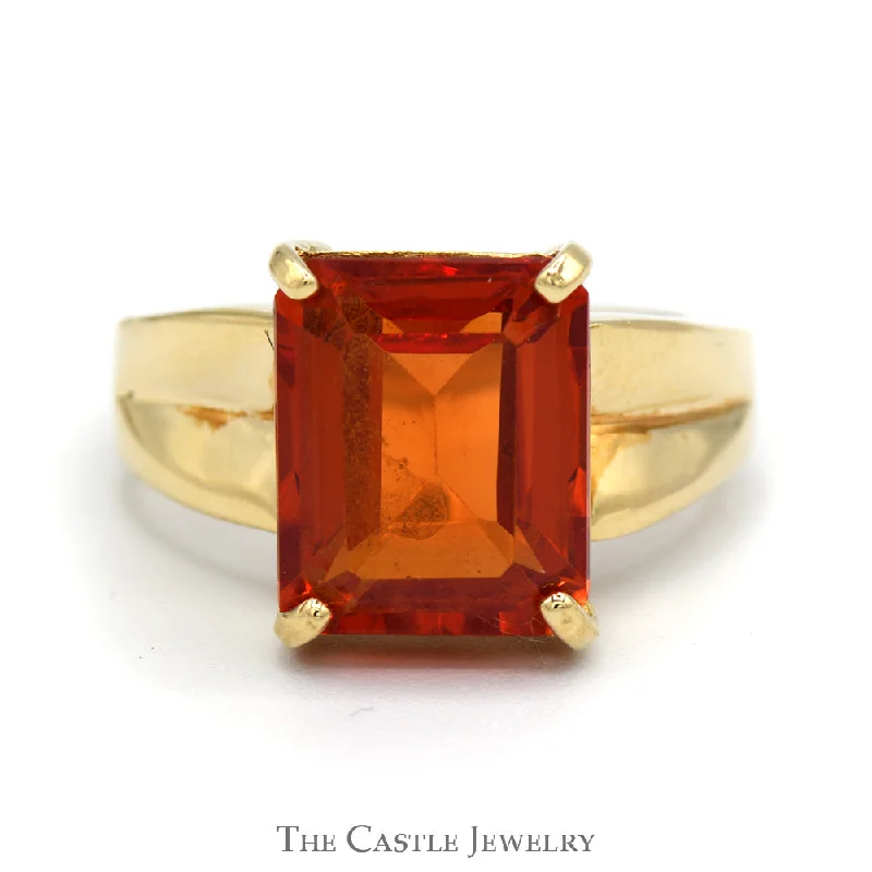 Custom Diamond Ring for Bride-Rectangle Cut Fire Opal Ring in 10k Yellow Gold Concaved Setting