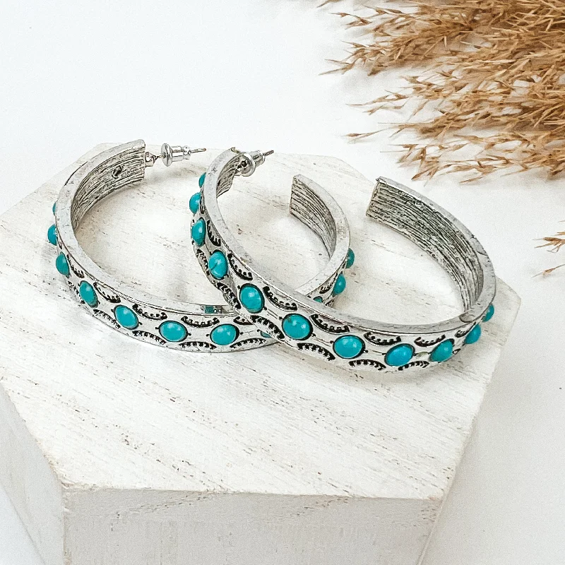 Geometric Drop Earrings-Western Semi Hoop Earrings in Silver Tone with Turquoise Stone