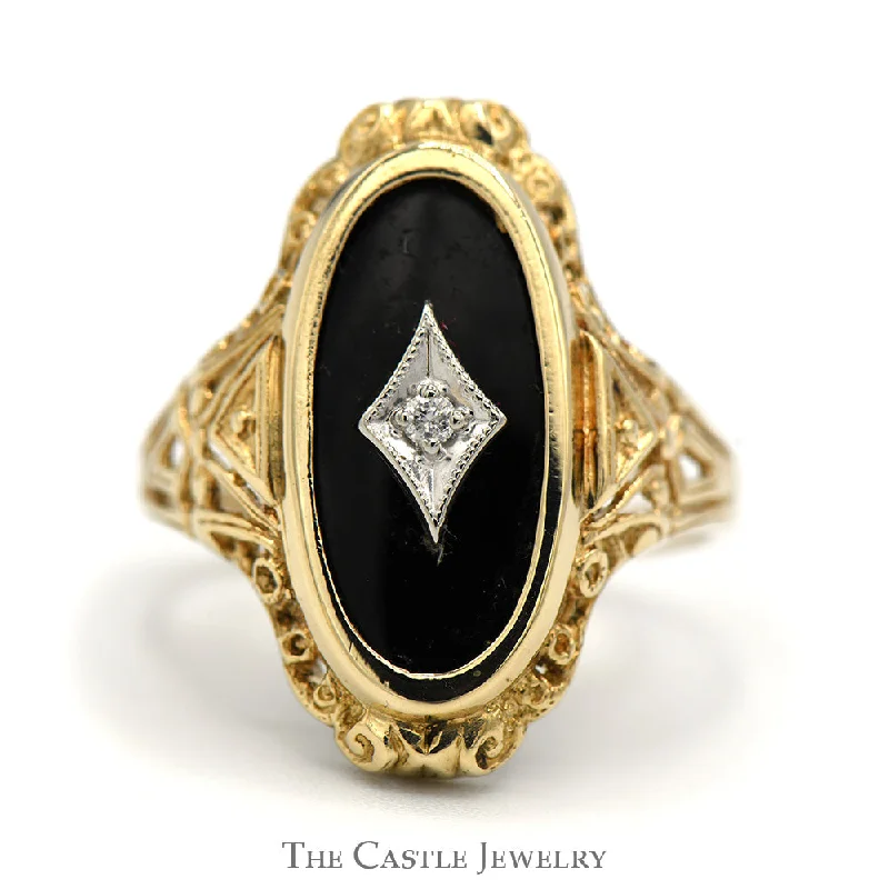 Personalized Wedding Ring-Elongated Oval Black Onyx Shield Ring with Diamond Accent in 10k Yellow Gold