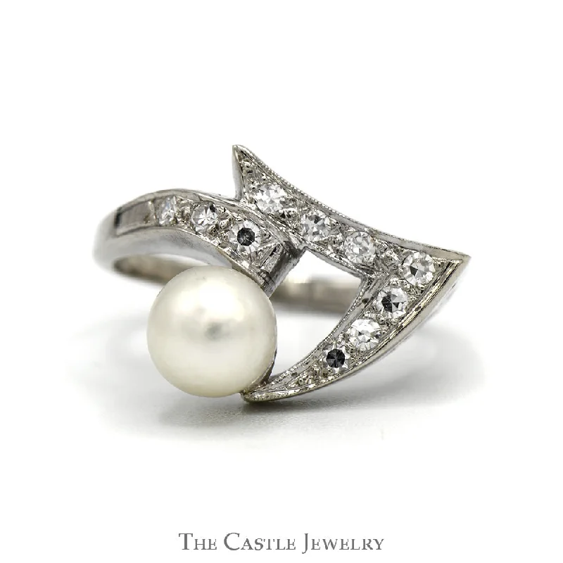 Handmade Wedding Ring-Curved Open Freeform Pearl Ring with Diamond Accents in 14k White Gold