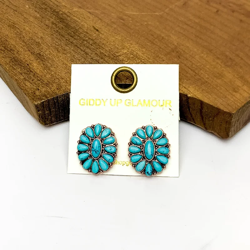 Minimalist Silver Earrings-Copper Tone Concho Cluster Oval Earrings in Turquoise Blue