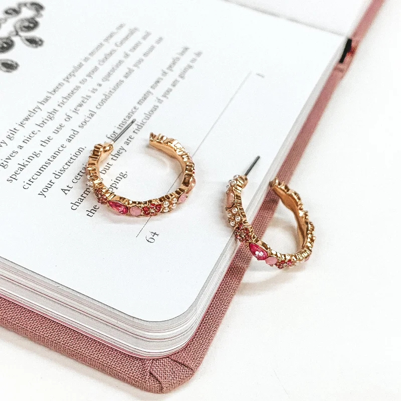 Antique Style Earrings-Gold Tone Hoop Earrings with Pink Crystals