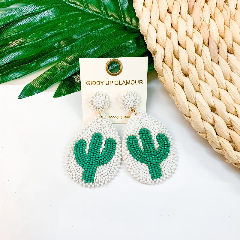 Nature Inspired Earrings-Lookin' Sharp Seed Bead Cactus Teardrop Earrings In White and Green