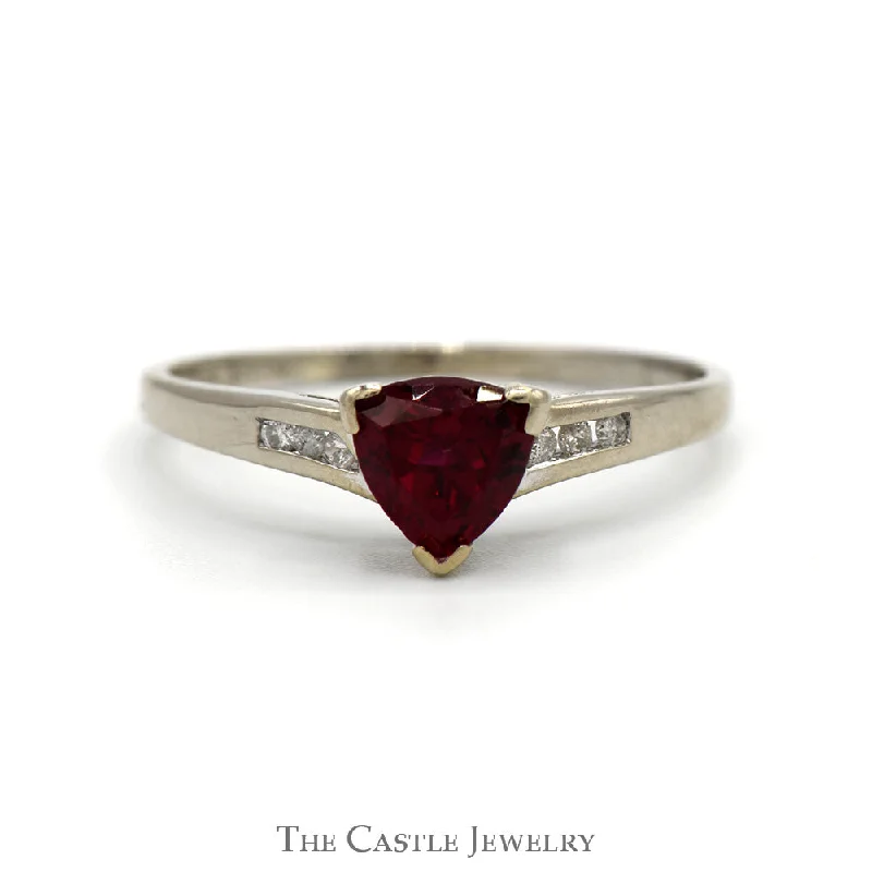 Gorgeous Wedding Band with Diamonds-Trillion Cut Synthetic Ruby Ring with Channel Set Diamond Accents in 14k White Gold