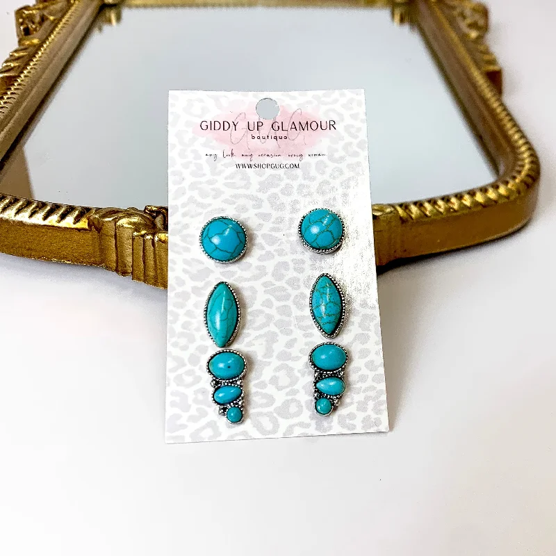 Luxury Wedding Earrings-Set Of Three | Faux Stone Silver Tone Stud Set in Turquoise