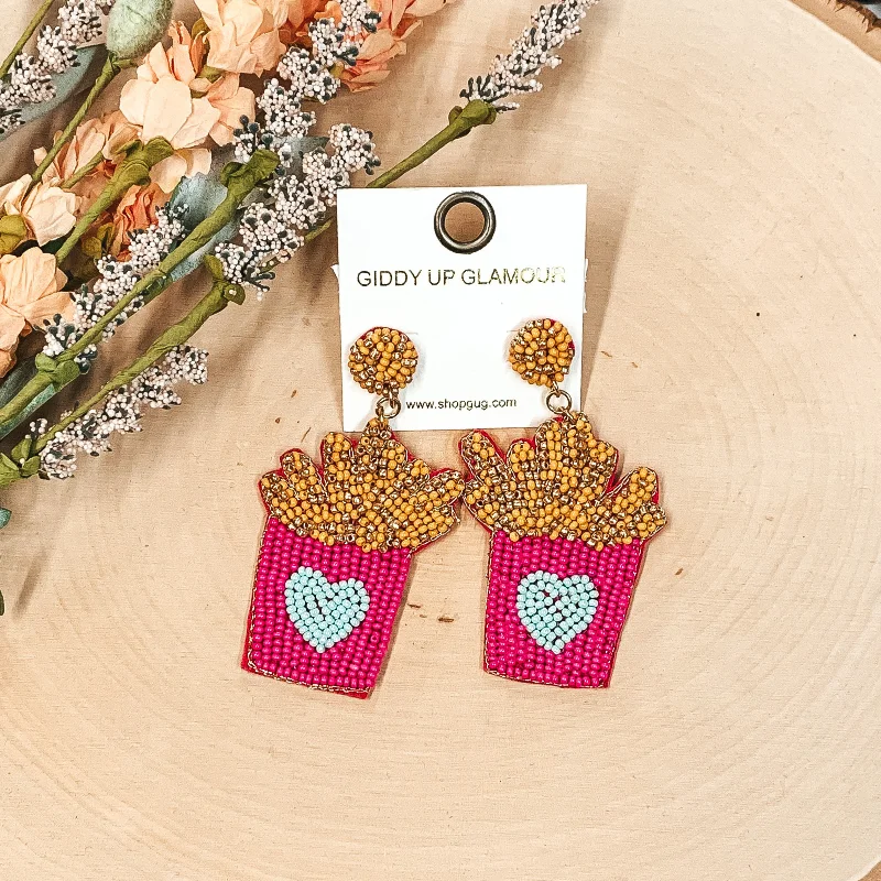 Rose Gold Hoop Earrings-Good Enough to Eat French Fry Beaded Earrings in Fuchsia