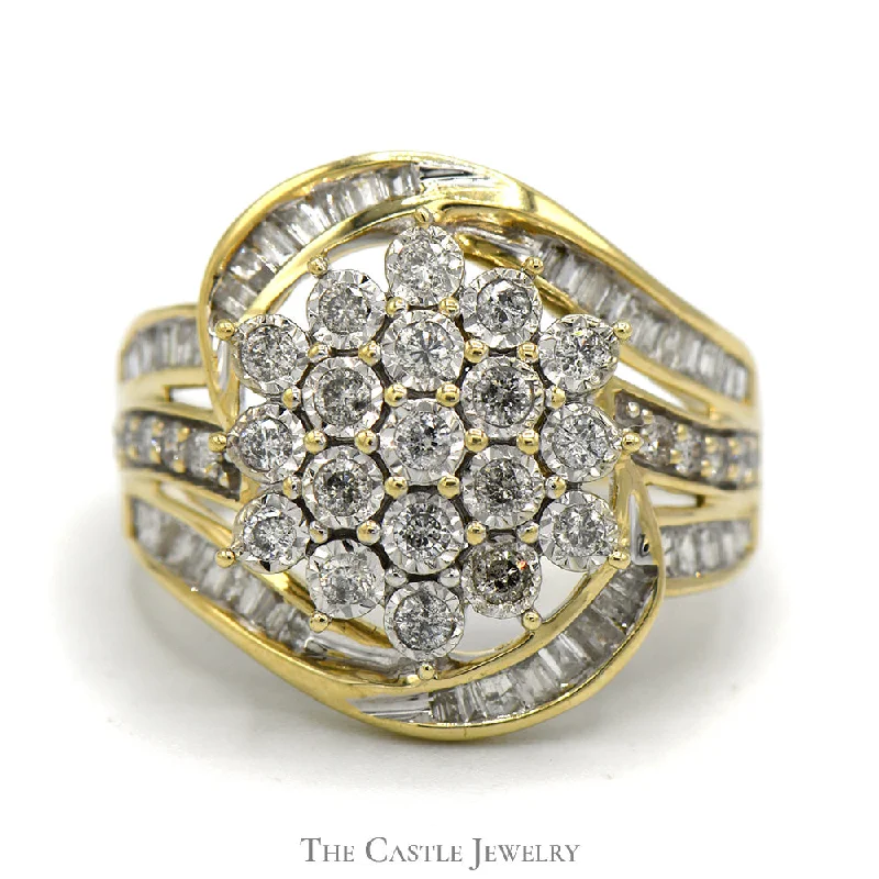 Classic Gold Ring-Flower Shaped 1cttw Diamond Cluster Ring with Channel Set Baguette Accents  in 10k Yellow Gold