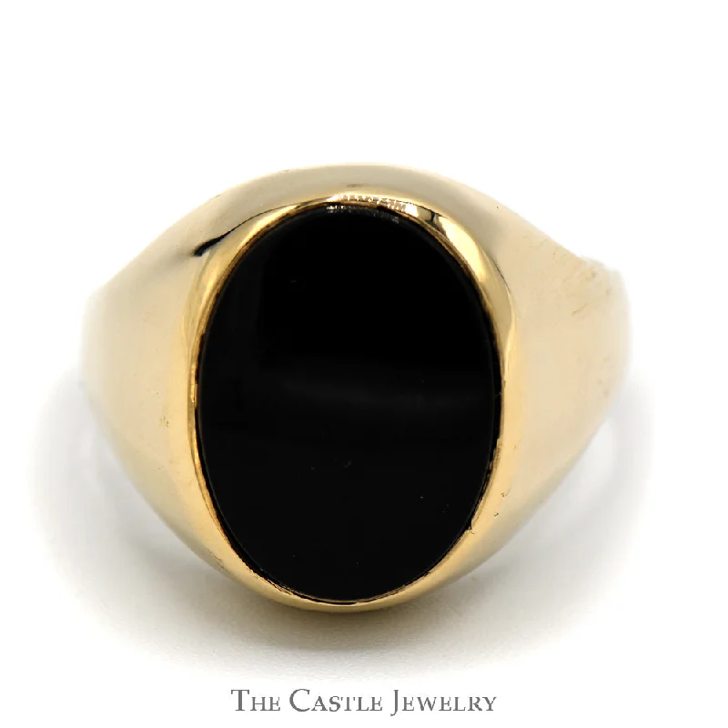 Men's Diamond Engagement Ring-14k Yellow Gold Ring Featuring an Elegant Oval Black Onyx Dome with Polished Sides