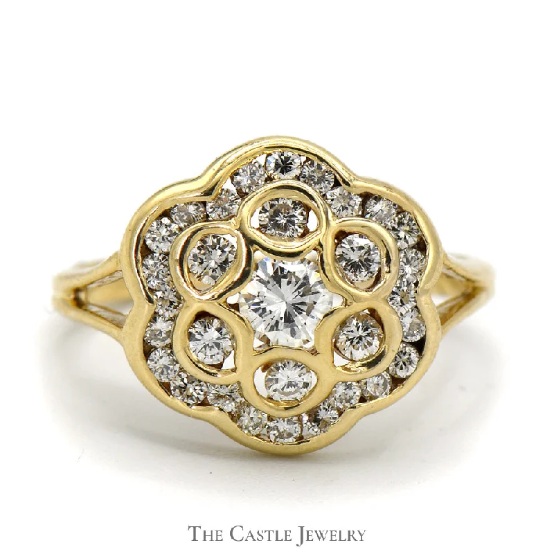 Stunning Platinum Engagement Ring-Flower Shaped Diamond Cluster Ring in 14k Yellow Gold Split Shank