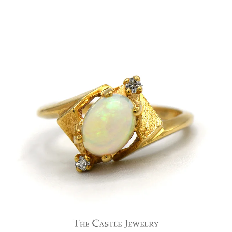 Custom Initial Ring-Oval Opal Ring with Double Diamond Accents in 14k Yellow Gold